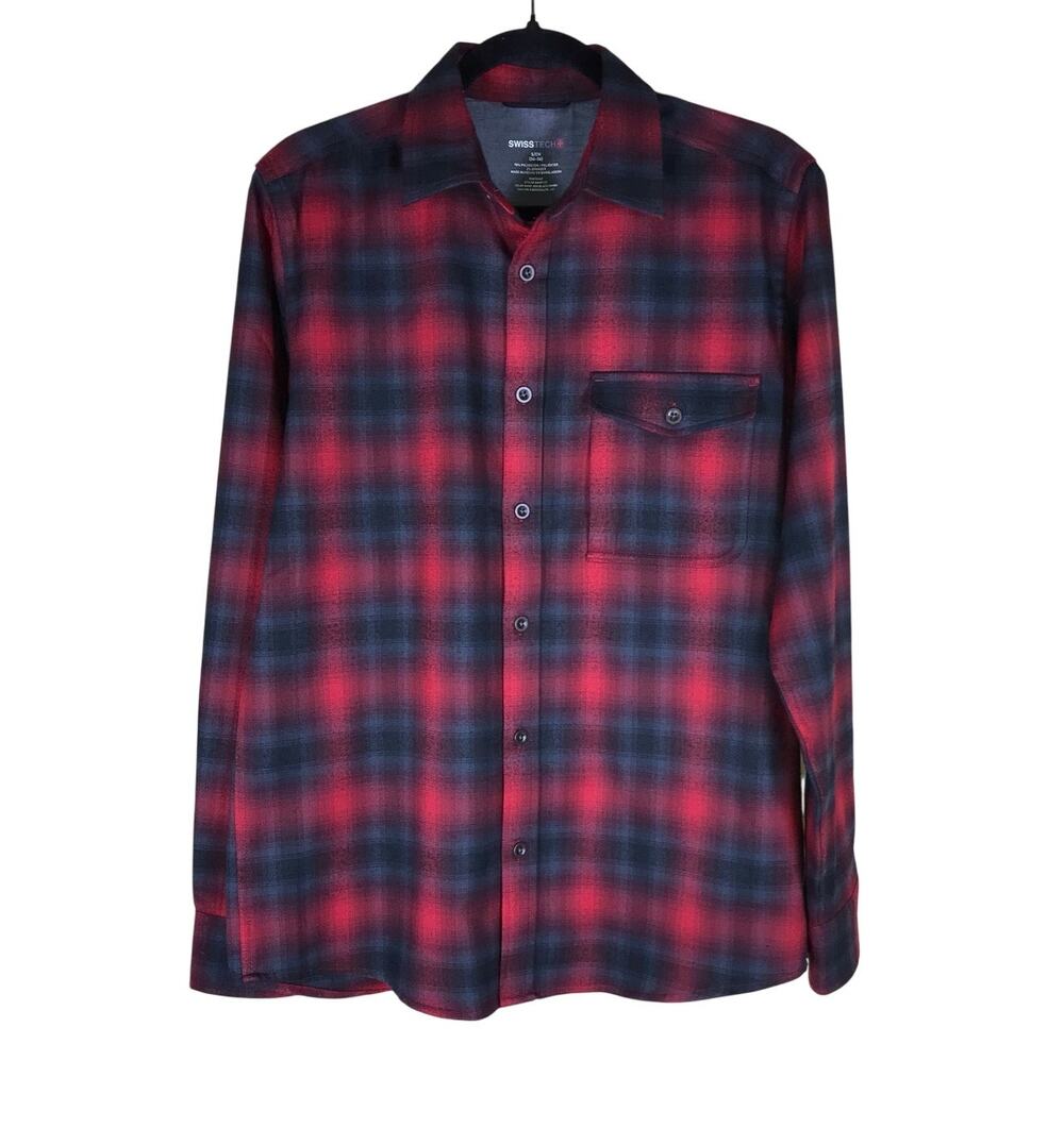 Swiss Tech Button Down Shirt Men’s Small Red Black Buffalo Plaid Stretch Casual